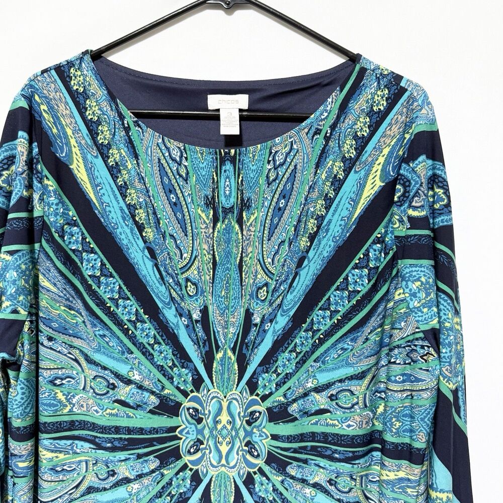 Chico’s Blue Green Paisley Print 3/4 Sleeve Dress Size 3/ XL - Picture 3 of 11